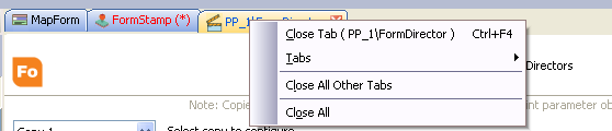 The right click menu showing the options for selecting and closing tabs. You can close the active tab, all other tabs, or all tabs. 